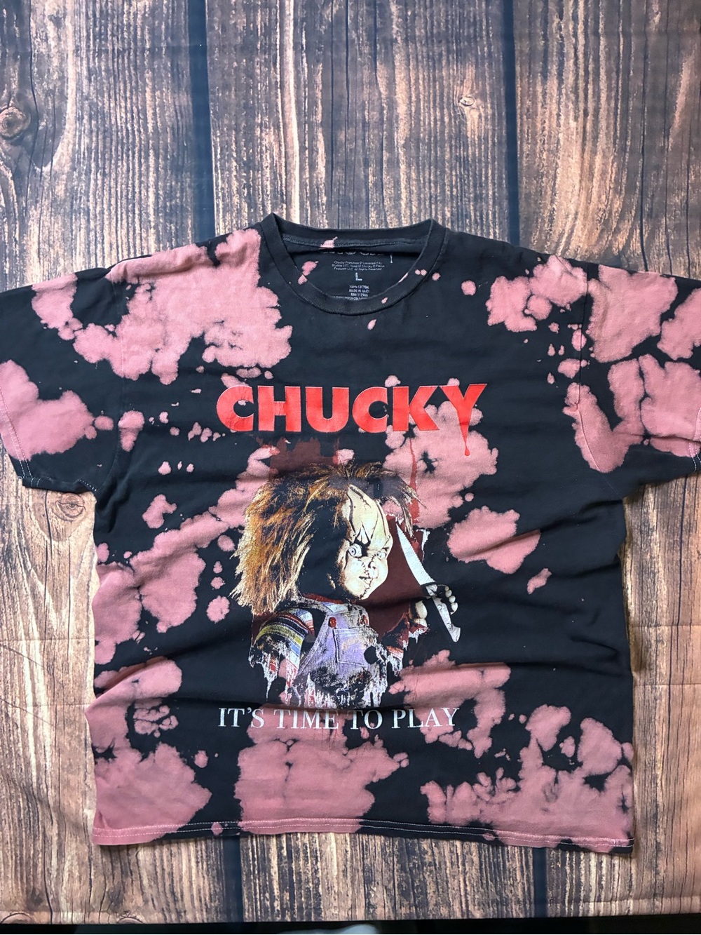 Chucky Graphic Tie-Dye Black & Pink Horror Tee size L
